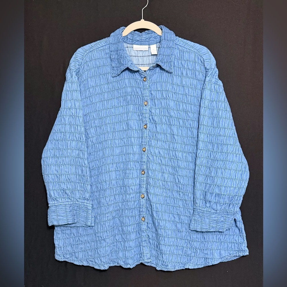 Blue Textured Button-Up Shirt loosely Smocked Shacket : shirt. Lightweight denim